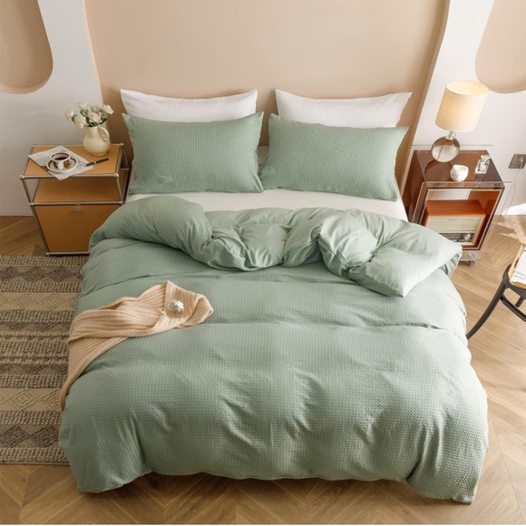 Waffle sage green boho rustic comforter set Queen - Picture 5 of 7
